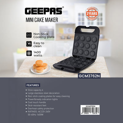 Geepas GCM3762 Mini Cake Maker 1400W | 12-Cup Non-Stick Cake & Pie Maker | non-stick cooking plates | Power and ready indicator lights | Cool-touch handle | Durable