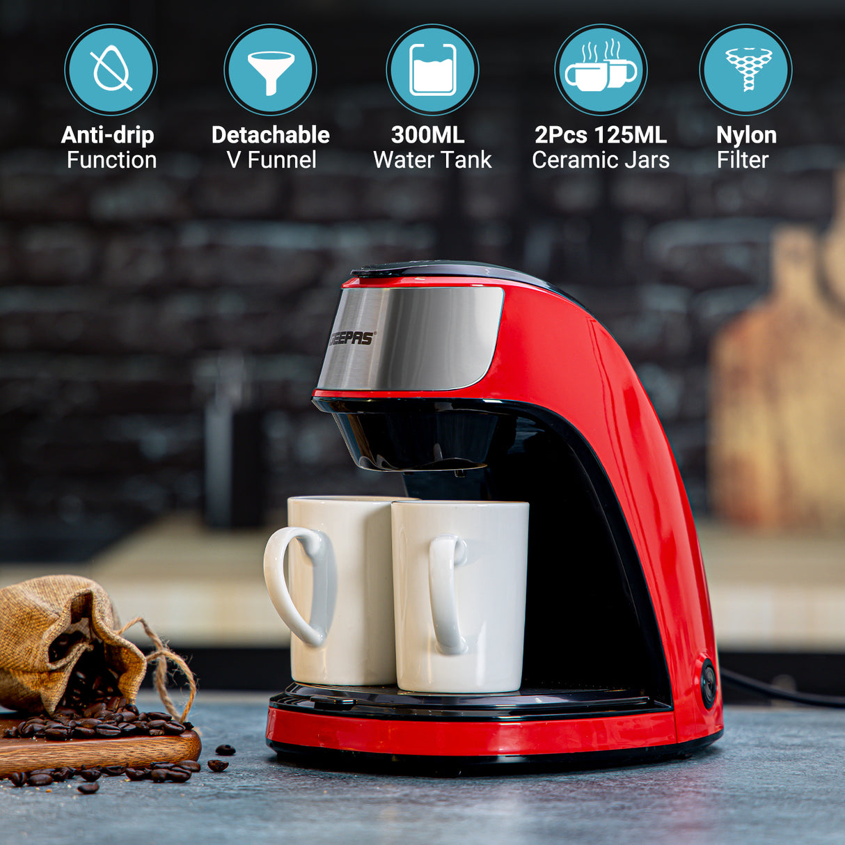 Geepas GCM41508 Coffee Maker | 450W Compact Coffee Machine with Transparent Water Tank| Anti-Drip Function| On/Off Switch| Filter Basket| Easy Cleaning & Durable Design