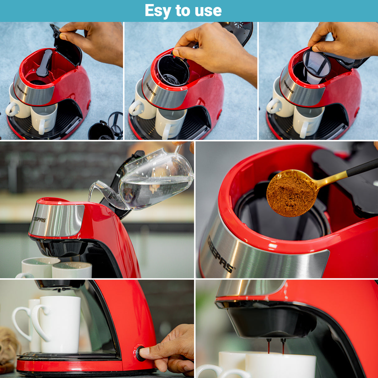 Geepas GCM41508 Coffee Maker | 450W Compact Coffee Machine with Transparent Water Tank| Anti-Drip Function| On/Off Switch| Filter Basket| Easy Cleaning & Durable Design
