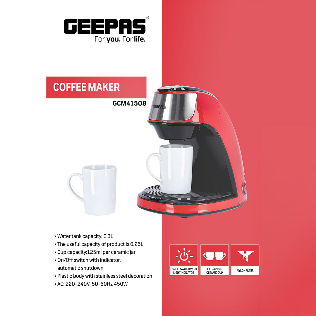 Geepas GCM41508 Coffee Maker | 450W Compact Coffee Machine with Transparent Water Tank| Anti-Drip Function| On/Off Switch| Filter Basket| Easy Cleaning & Durable Design