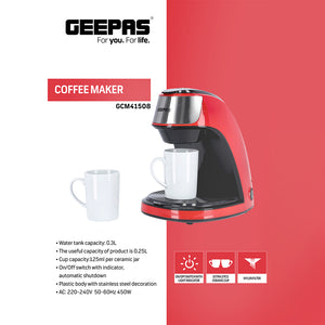 Geepas GCM41508 Coffee Maker | 450W Compact Coffee Machine with Transparent Water Tank| Anti-Drip Function| On/Off Switch| Filter Basket| Easy Cleaning & Durable Design