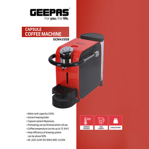 Geepas GCM41509 Capsule Coffee Machine | 1145W Powerful Motor | Nespresso Compatible | Fast Brewing System| One Touch Operation| Compact Design| Easy Cleaning & Durable