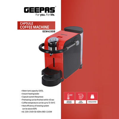Geepas GCM41509 Capsule Coffee Machine | 1145W Powerful Motor | Nespresso Compatible | Fast Brewing System| One Touch Operation| Compact Design| Easy Cleaning & Durable