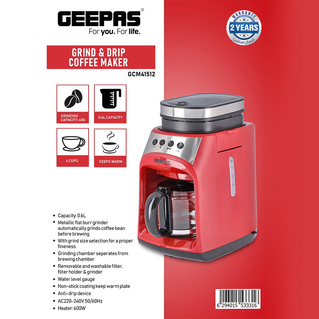 Geepas GCM41512 Grind & Drip Coffee Maker | 0.6L Capacity |  Metallic Flat Burr Grinder | Adjustable Grind Settings |  Anti-Drip Function, and 4-Cup Brewing Design