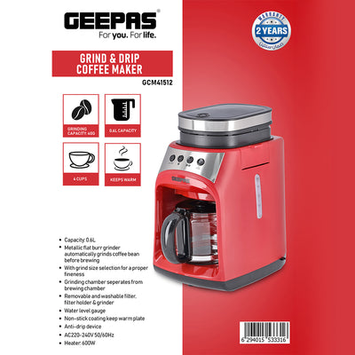 Geepas GCM41512 Grind & Drip Coffee Maker | 0.6L Capacity |  Metallic Flat Burr Grinder | Adjustable Grind Settings |  Anti-Drip Function, and 4-Cup Brewing Design