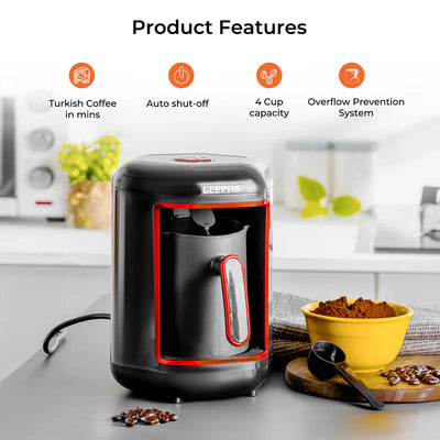Turkish Coffee Maker, Overflow Prevention System, GCM41515|Plastic Materials with Stainless Steel Heat Plate | 4 Cups Coffee Maker with Sound Alarm System & Auto-Shut Off