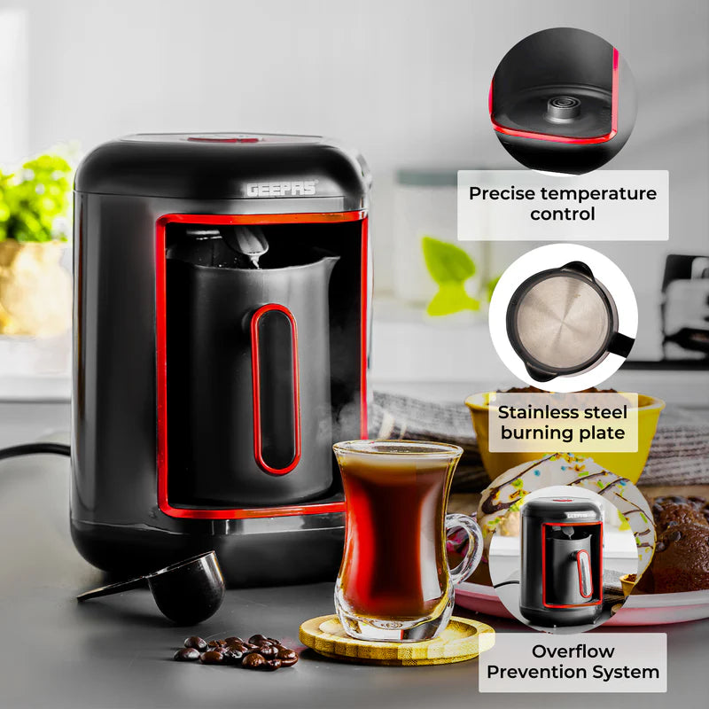 Turkish Coffee Maker, Overflow Prevention System, GCM41515|Plastic Materials with Stainless Steel Heat Plate | 4 Cups Coffee Maker with Sound Alarm System & Auto-Shut Off