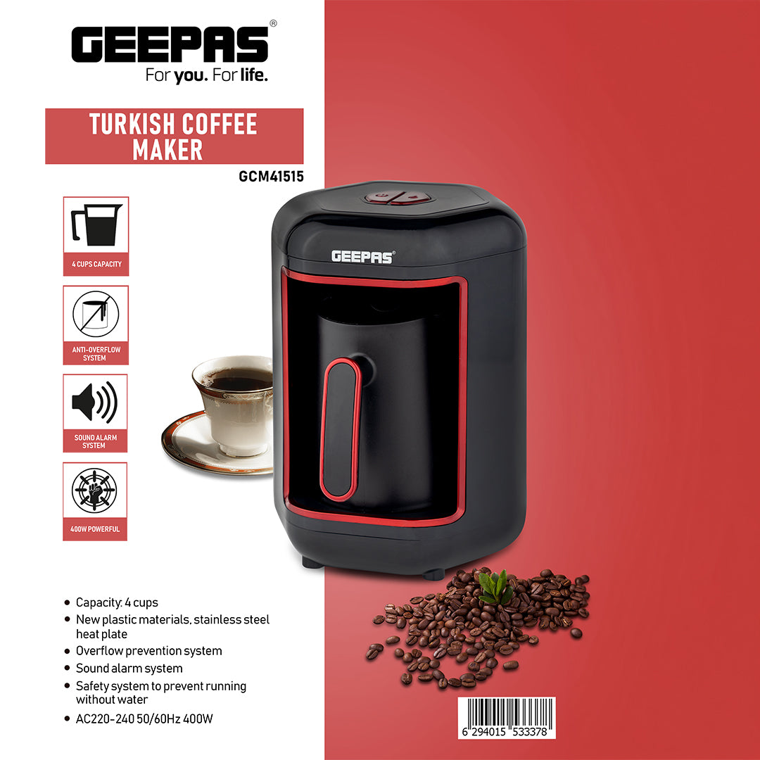 Turkish Coffee Maker, Overflow Prevention System, GCM41515|Plastic Materials with Stainless Steel Heat Plate | 4 Cups Coffee Maker with Sound Alarm System & Auto-Shut Off