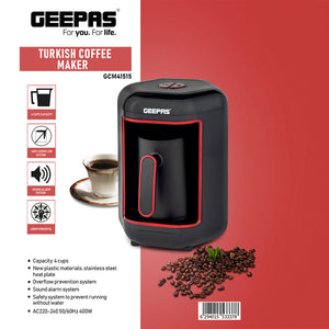 Turkish Coffee Maker, Overflow Prevention System, GCM41515|Plastic Materials with Stainless Steel Heat Plate | 4 Cups Coffee Maker with Sound Alarm System & Auto-Shut Off