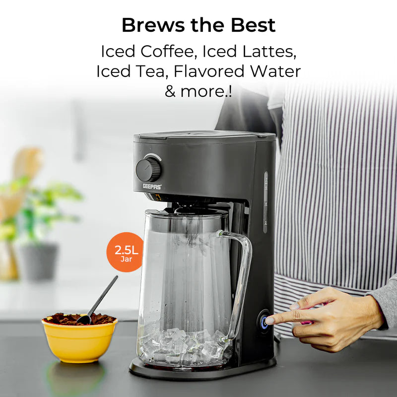 Geepas GCM41516 Ice Tea & Coffee Maker | 2.5L Jar Capacity & 875ml Water Tank | 700W Power | Auto Power-Off, Brew Strength Control, Nylon Filter | Easy to Use & Clean