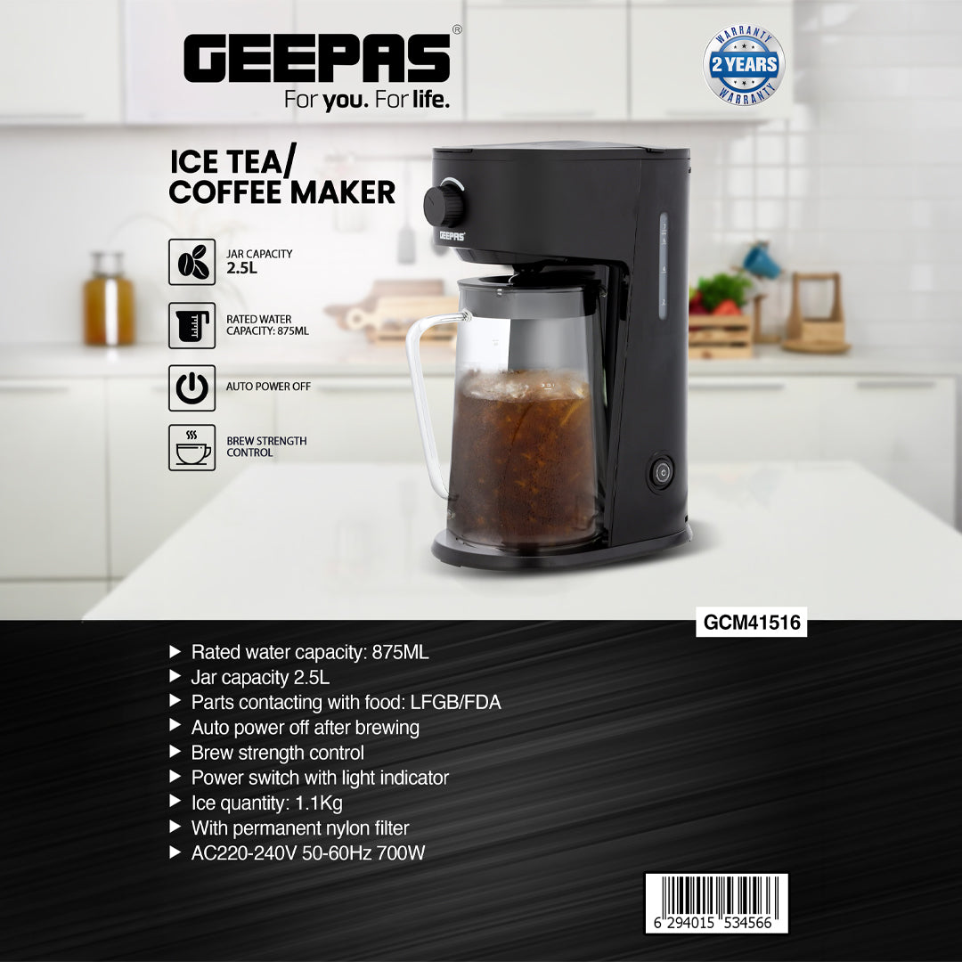 Geepas GCM41516 Ice Tea & Coffee Maker | 2.5L Jar Capacity & 875ml Water Tank | 700W Power | Auto Power-Off, Brew Strength Control, Nylon Filter | Easy to Use & Clean