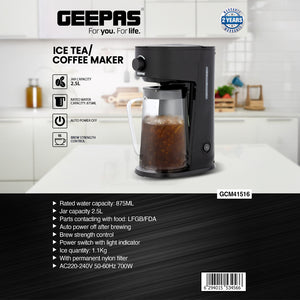 Geepas GCM41516 Ice Tea & Coffee Maker | 2.5L Jar Capacity & 875ml Water Tank | 700W Power | Auto Power-Off, Brew Strength Control, Nylon Filter | Easy to Use & Clean