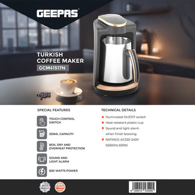 Geepas GCM41517 Turkish Coffee Maker 250ml | 600W | Touch Control Coffee Machine | Sound and light alarm | Boil-dry and overheat protection  | Heat-resistant plastic