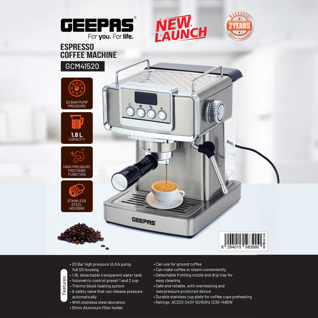Geepas GCM41520 Espresso Coffee Machine | 20 Bar High-Pressure ULKA Pump, 1.8L Detachable Water Tank| Professional Frothing Function| Dual Cup Filter | 2 Years Warranty