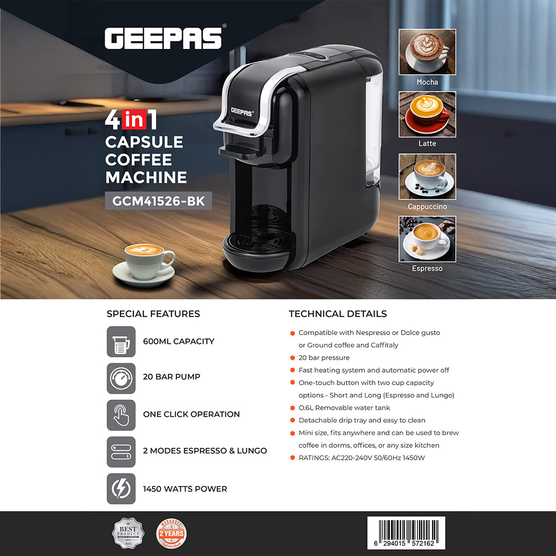 Geepas 4-in-1 Capsule Coffee Machine GCM41526-BK / Compatible with Nespresso, Dolce Gusto Etc , Fast Heating System / One-Touch Button, 0.6L Water Tank ,2 Years Warranty
