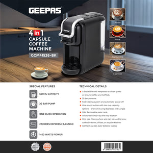 Geepas 4-in-1 Capsule Coffee Machine GCM41526-BK / Compatible with Nespresso, Dolce Gusto Etc , Fast Heating System / One-Touch Button, 0.6L Water Tank ,2 Years Warranty