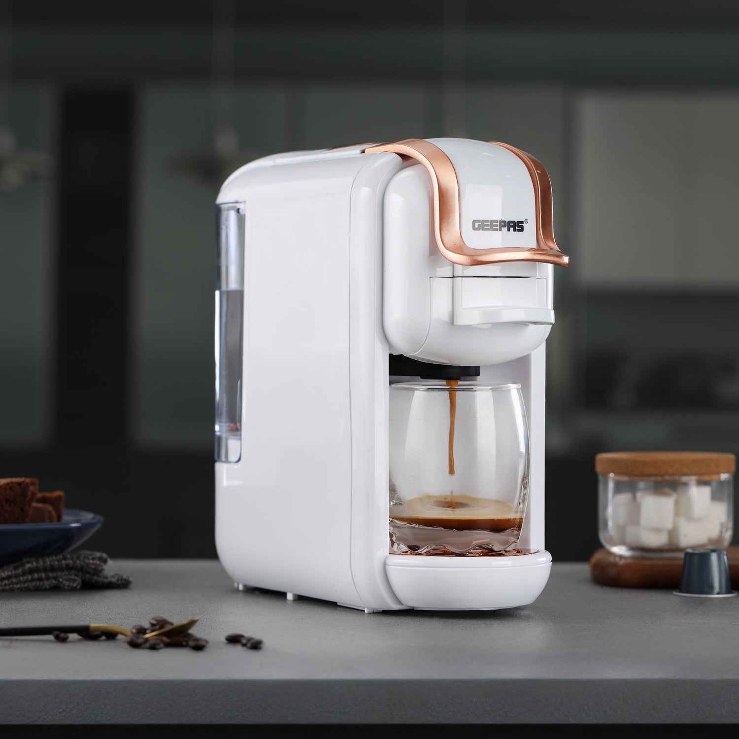 Geepas 4-in-1 Capsule Coffee Machine GCM41526-WT,0.6L Water Tank