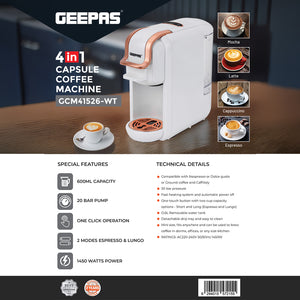 Geepas 4-in-1 Capsule Coffee Machine GCM41526-WT/Compatible with Nespresso, Dolce Gusto, Fast Heating System/One-Touch Button, Removable 0.6L Water Tank,2 Years Warranty