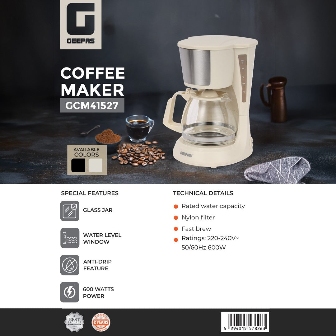 Geepas GCM41527 Coffee Maker | Glass Jar | Anti-Drip Function| Fast Brew Technology| Water Level Window | Reusable Nylon Filter | Durable Design for Home and Office