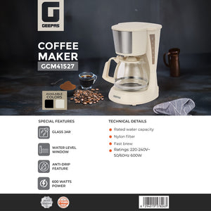 Geepas GCM41527 Coffee Maker | Glass Jar | Anti-Drip Function| Fast Brew Technology| Water Level Window | Reusable Nylon Filter | Durable Design for Home and Office