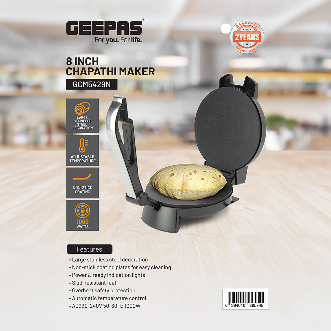 Geepas 8 Inch Chapathi Maker GCM5429 | 1000W  | Non-Stick Plates, Adjustable Temperature Control, Safety Protection & Easy Cleaning for Quick, Soft & Round Chapathis