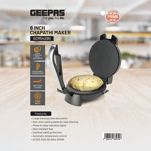 Geepas 8 Inch Chapathi Maker GCM5429 | 1000W  | Non-Stick Plates, Adjustable Temperature Control, Safety Protection & Easy Cleaning for Quick, Soft & Round Chapathis