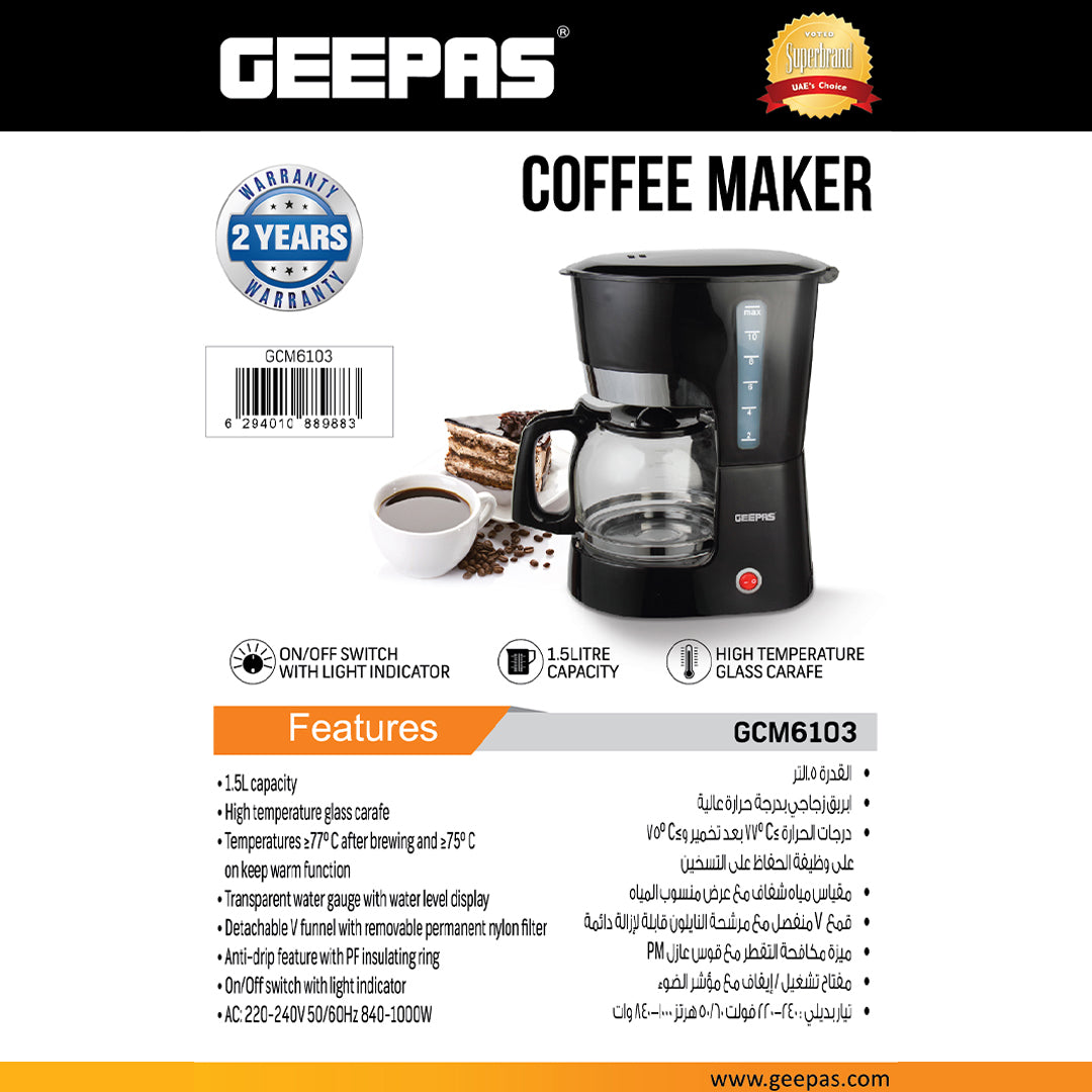 Geepas GCM6103 Coffee Maker | 1.5L Capacity| High-Temperature Glass Carafe| Permanent Nylon Filter| Transparent Water Gauge| Non-Stick Warming Plate| 1000W Power