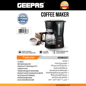 Geepas GCM6103 Coffee Maker | 1.5L Capacity| High-Temperature Glass Carafe| Permanent Nylon Filter| Transparent Water Gauge| Non-Stick Warming Plate| 1000W Power