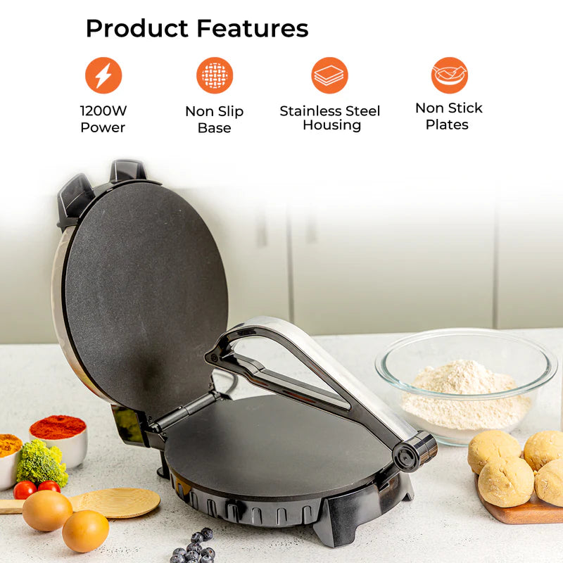 Geepas GCM6125 10 Inch Chapathi Maker | 1200W Roti Maker with Non-Stick Plates| Automatic Temperature Control | Overheat Protection | Easy to Clean | 2-Year Warranty