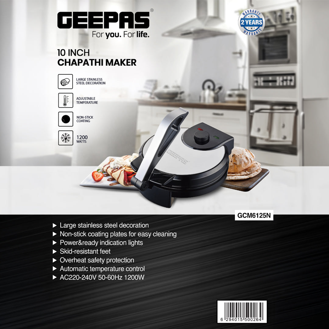 Geepas GCM6125 10 Inch Chapathi Maker | 1200W Roti Maker with Non-Stick Plates| Automatic Temperature Control | Overheat Protection | Easy to Clean | 2-Year Warranty