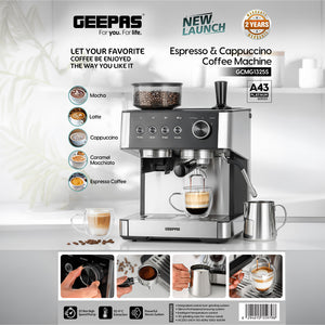 Geepas GCMG1325S Espresso & Cappuccino Coffee Machine | 20 Bar High-Pressure Pump, Built-In Coffee Grinder, Frothing Steam Wand, Dual Filter | A43 Platinum Series