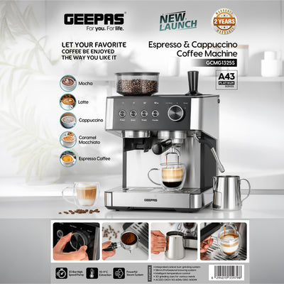 Geepas GCMG1325S Espresso & Cappuccino Coffee Machine | 20 Bar High-Pressure Pump, Built-In Coffee Grinder, Frothing Steam Wand, Dual Filter | A43 Platinum Series
