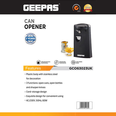 Geepas GCO63023UK Electric Can Opener | 3-in-1 Functionality for Opening Cans| Opening Bottles & Sharpening Knives| Durable Stainless Steel Detail|  Hands-Free Design