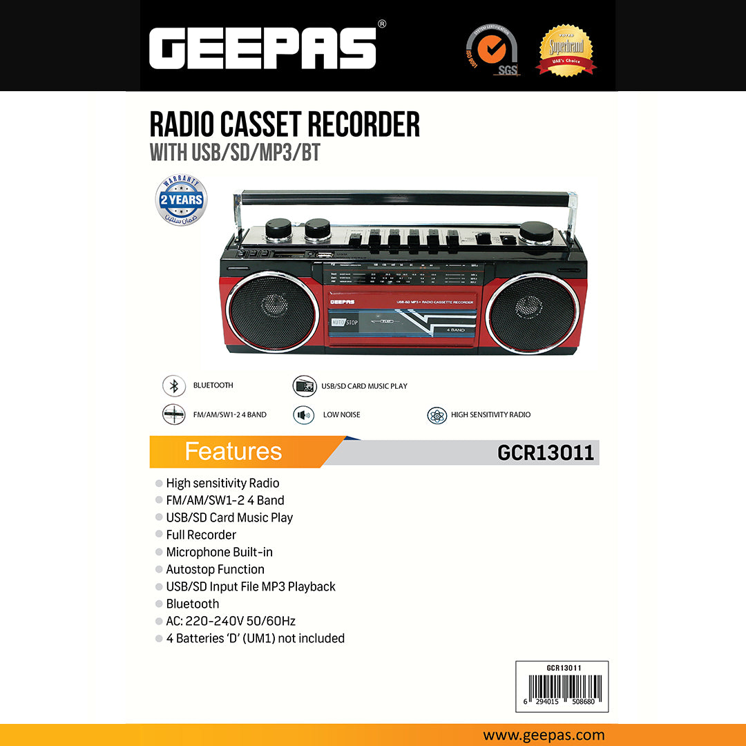 Geepas GCR13011 Radio Cassette Recorder with Bluetooth, USB, SD & MP3 Playback | High-sensitivity FM/AM/SW1/SW2 4-band radio | Auto-stop cassette mechanism | retro-style