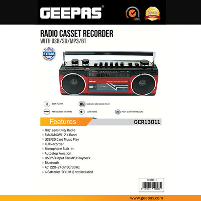 Geepas GCR13011 Radio Cassette Recorder with Bluetooth, USB, SD & MP3 Playback | High-sensitivity FM/AM/SW1/SW2 4-band radio | Auto-stop cassette mechanism | retro-style