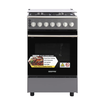 Geepas GCR5555 Cooking Range with Electric Ignition | 4 Burner Gas Oven | Rotisserie| Double Glass Door | Tempered Glass Cover & Mechanical Timer for Home Kitchen Use