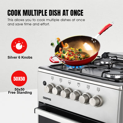 Geepas GCR5555 50x50 Gas Cooking Range | Free Standing Design with Full Safety System 6 Knobs | 4 Gas Burners & Durable Inox Top Table | Gas Oven with Grill Function