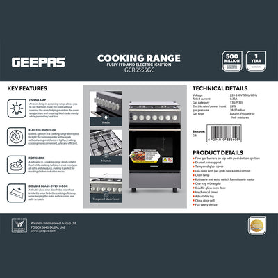 Geepas GCR5555 Cooking Range with Electric Ignition | 4 Burner Gas Oven | Rotisserie| Double Glass Door | Tempered Glass Cover & Mechanical Timer for Home Kitchen Use