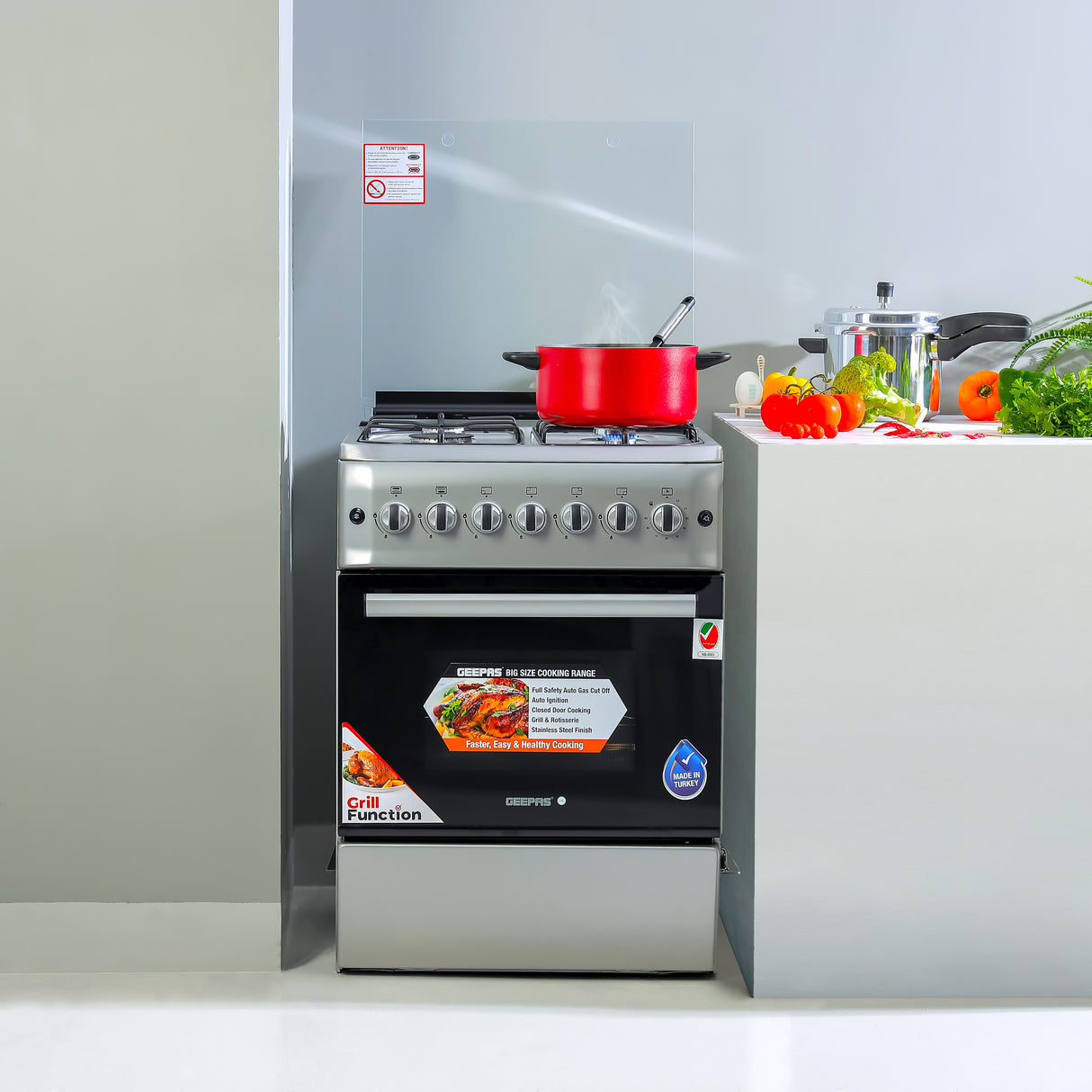 Geepas 60x60 Free Standing Oven | GCR6057 |4 Euro Pool Type Gas Burners | Auto Ignition| Multiple Power Levels| Grill & Rotisserie Function| Full Safety| 1 Year Warranty