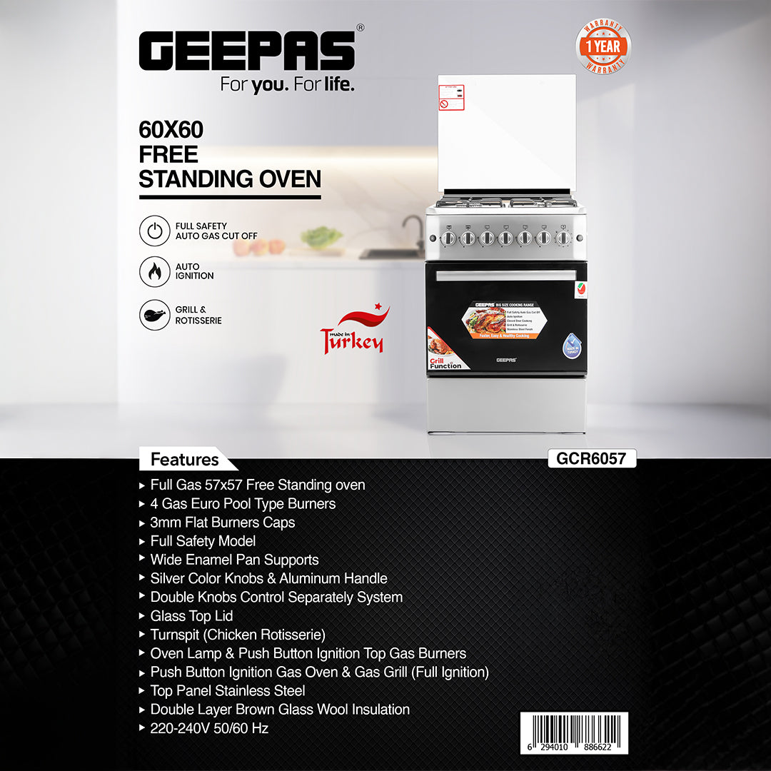 Geepas 60x60 Free Standing Oven | GCR6057 |4 Euro Pool Type Gas Burners | Auto Ignition| Multiple Power Levels| Grill & Rotisserie Function| Full Safety| 1 Year Warranty