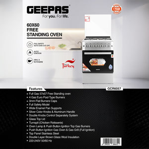 Geepas 60x60 Free Standing Oven | GCR6057 |4 Euro Pool Type Gas Burners | Auto Ignition| Multiple Power Levels| Grill & Rotisserie Function| Full Safety| 1 Year Warranty