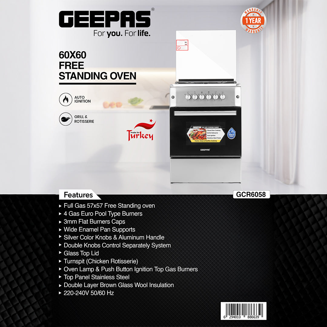 Geepas GCR6058 Cooking Range | 60x60cm | 4 Gas Burners with Electric Ignition| Oven Lamp| Timer & Rotisserie| Stainless Steel Housing| Double Glass Door| 1 Year Warranty
