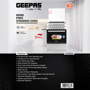 Geepas GCR6058 Cooking Range | 60x60cm | 4 Gas Burners with Electric Ignition| Oven Lamp| Timer & Rotisserie| Stainless Steel Housing| Double Glass Door| 1 Year Warranty
