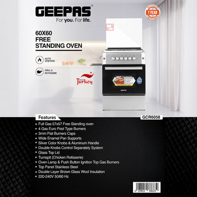 Geepas GCR6058 Cooking Range | 60x60cm | 4 Gas Burners with Electric Ignition| Oven Lamp| Timer & Rotisserie| Stainless Steel Housing| Double Glass Door| 1 Year Warranty