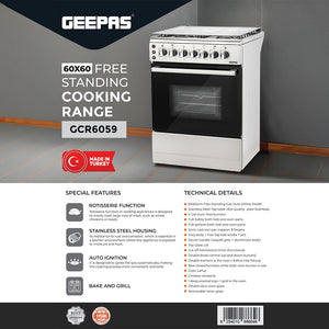 Geepas 60x60 Free Standing Cooking Range-GCR6059 / Rotisserie Function / Stainless Steel Housing / 4 Gas Burners / Auto Ignition /Perfect for Cook Bake and Grill Function