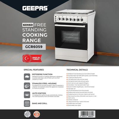 Geepas 60x60 Free Standing Cooking Range-GCR6059 / Rotisserie Function / Stainless Steel Housing / 4 Gas Burners / Auto Ignition /Perfect for Cook Bake and Grill Function