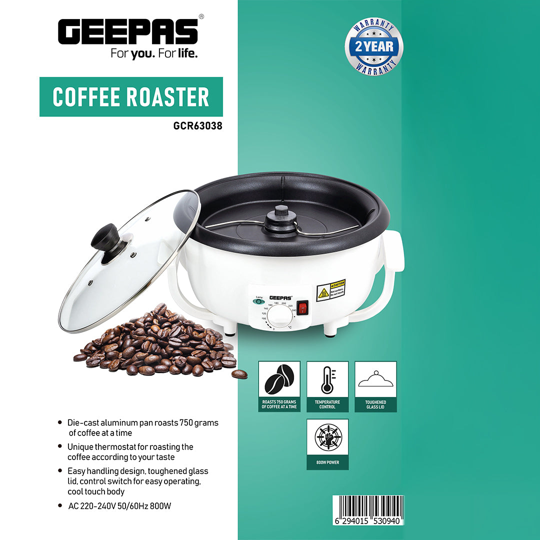 Geepas GCR63038 Coffee Roaster | 750g Large Capacity Coffee Bean Roaster with Thermostat Control|  800W Powerful Motor | Heat-Resistant Body & Durable Safe Design