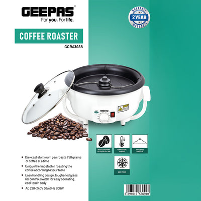 Geepas GCR63038 Coffee Roaster | 750g Large Capacity Coffee Bean Roaster with Thermostat Control|  800W Powerful Motor | Heat-Resistant Body & Durable Safe Design