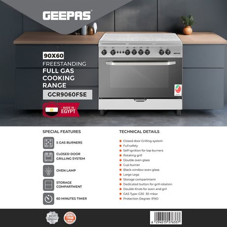 Geepas 90x60 Freestanding Full Gas Cooking Range- GCR9060FSE/ 5 Burners /Self Ignition/ Closed Door Grilling System/ Timer/  Multiple Power Levels / 1 Year Warranty