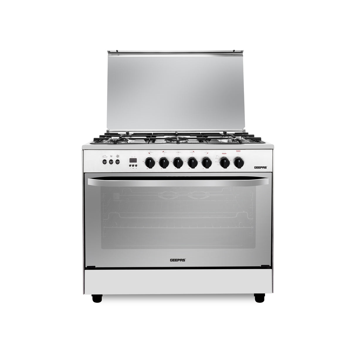 Geepas 90x60 Free Standing Cooking Range- GCR9060FSTE/ 5 Gas Burners with Auto Ignition, Grilling Function, Digital Timer, Thermostat/ Equipped with Multiple Power Levels